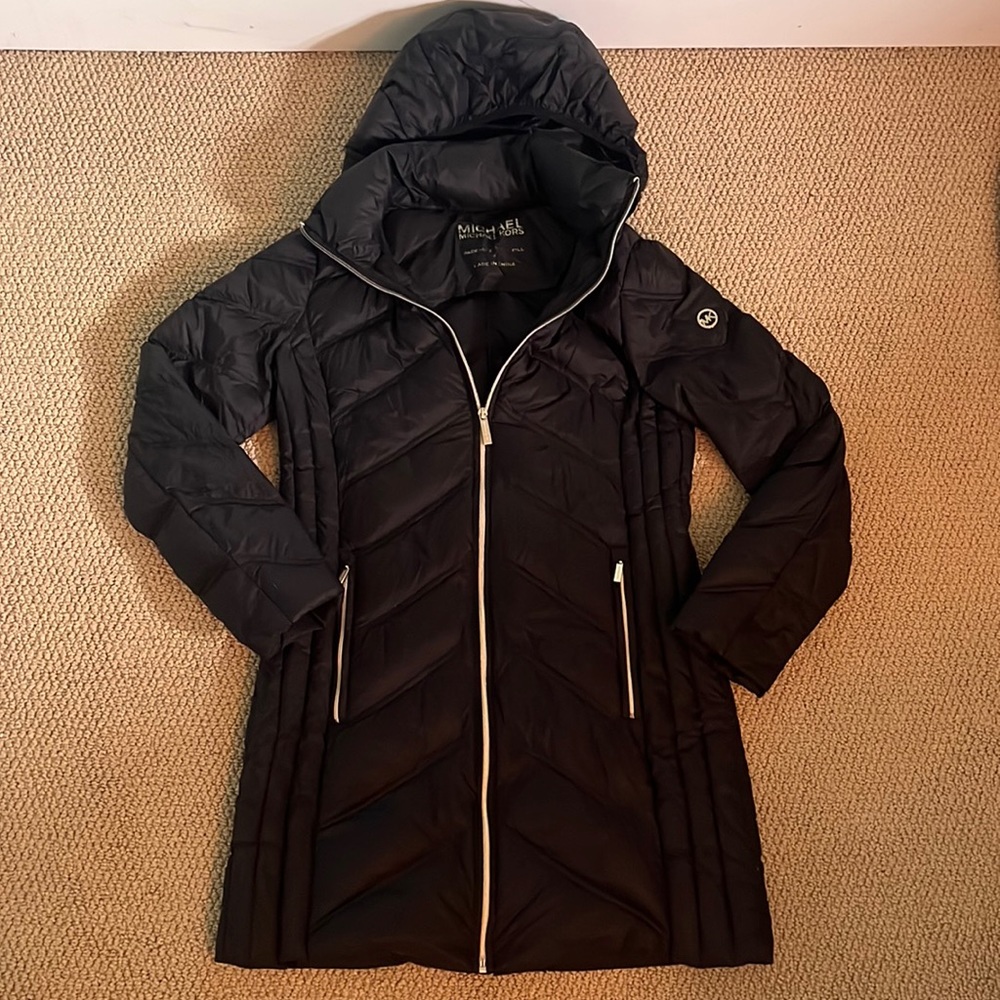 Michael Kors mid length puffer with cute MK embellishments and a removable hood!